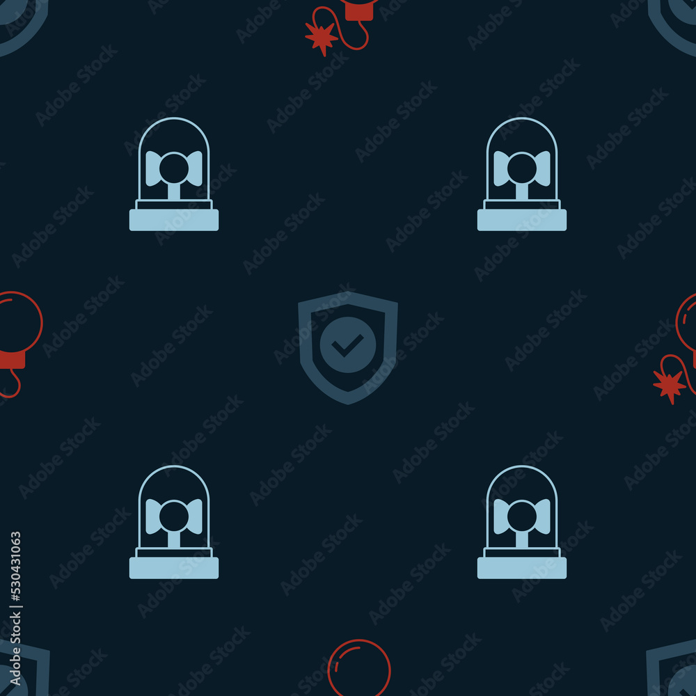 Poster set bomb, shield with check mark and ringing alarm bell on seamless pattern. vector