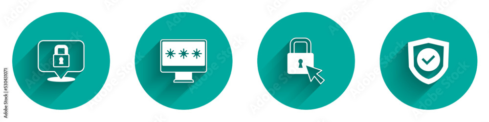 Poster set lock, monitor with password, and shield check mark icon with long shadow. vector