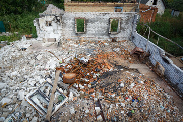 Andriyivka, Buchansky district, Kyiv region, Ukraine - 09.02.2022: Destruction of Andriyivka. Russia Ukraine war. Damaged in Andriyivka after fighting.