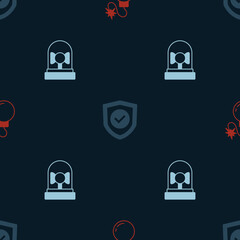 Set Bomb, Shield with check mark and Ringing alarm bell on seamless pattern. Vector