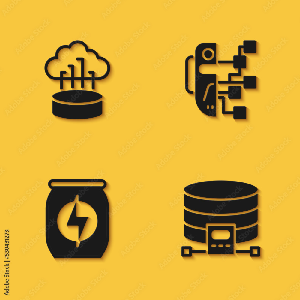 Poster set network cloud connection, cloud database, energy drink and humanoid robot icon with long shadow.