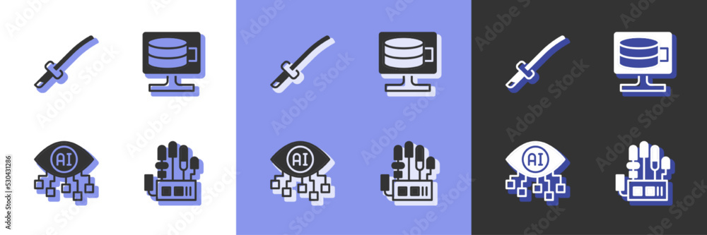 Aufkleber set mechanical robot hand, katana, computer vision and cloud database icon. vector