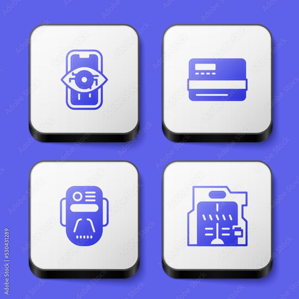 Poster set computer vision, credit card, artificial intelligence robot and futuristic sliding doors icon. w