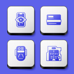 Set Computer vision, Credit card, Artificial intelligence robot and Futuristic sliding doors icon. White square button. Vector