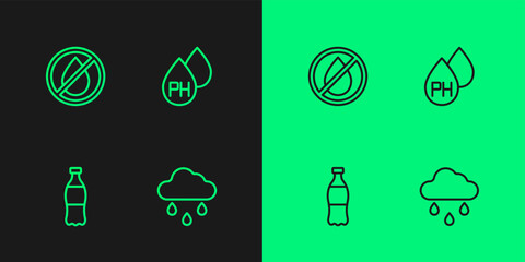Set line Cloud with rain, Bottle of water, Water drop forbidden and icon. Vector