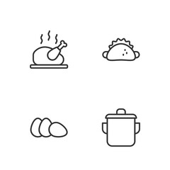 Set line Cooking pot, Chicken egg, Roasted turkey or chicken and Taco with tortilla icon. Vector