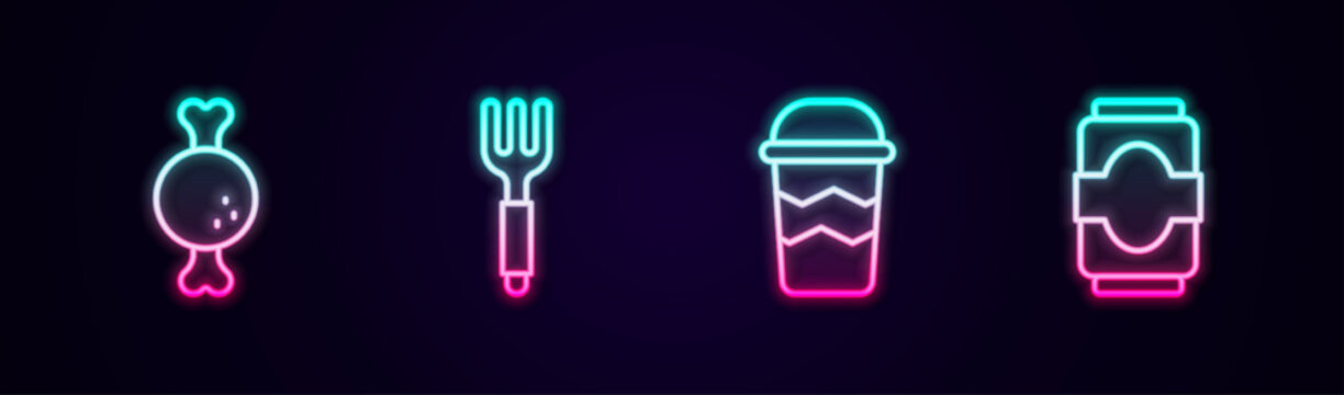 Set line Chicken leg, Fork, Coffee cup to go and Soda can. Glowing neon icon. Vector