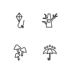 Set line Umbrella and rain drops, Mushroom, Kite and Bare tree icon. Vector