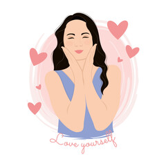 Cute girl with hearts around hugging herself Self love Vector