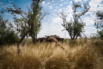 Andriyivka, Buchansky district, Kyiv region, Ukraine - 09.02.2022: Destruction of Andriyivka. Russia Ukraine war. Damaged in Andriyivka after fighting.