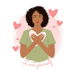 Cute girl with her hands on her heart Self love Vector