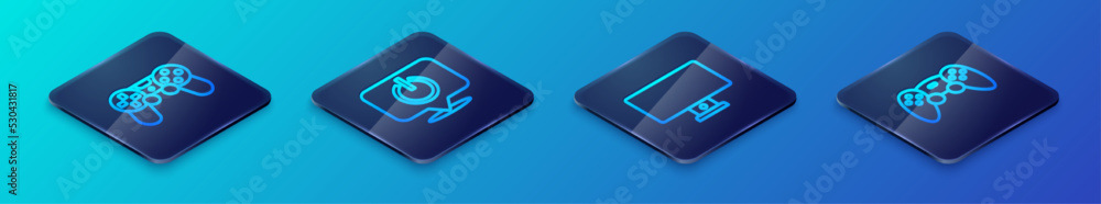 Poster set isometric line computer monitor, game controller joystick, and power button icon. vector