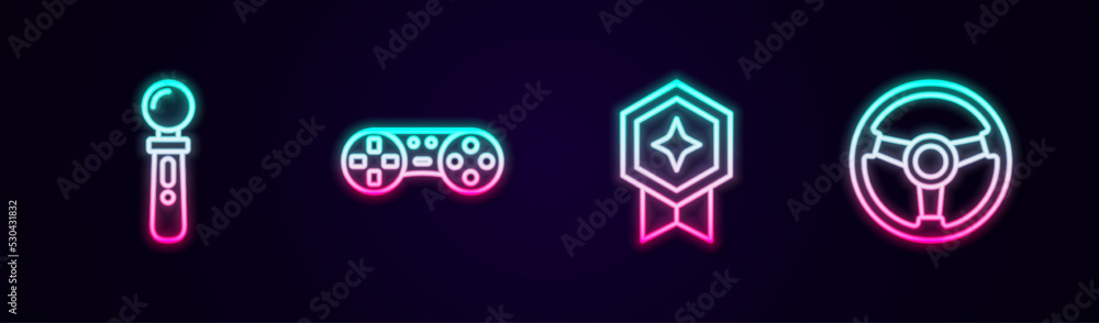 Poster set line vr controller game, game or joystick, rating with medal and racing simulator. glowing neon 
