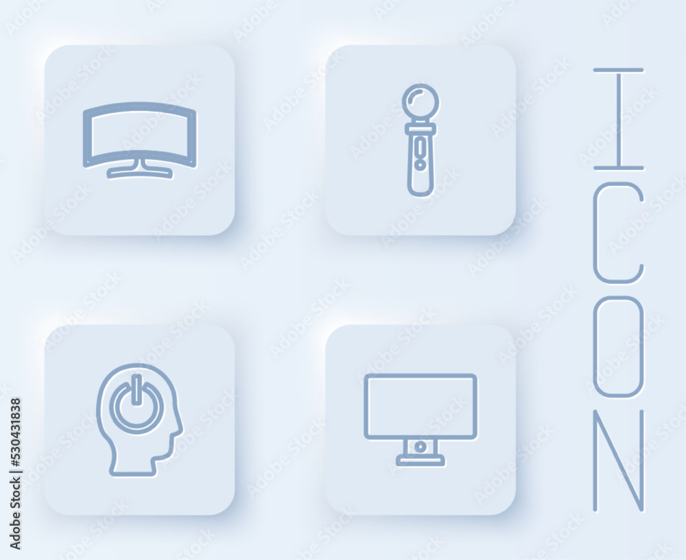 Poster set line computer monitor, vr controller game, power button and . white square button. vector