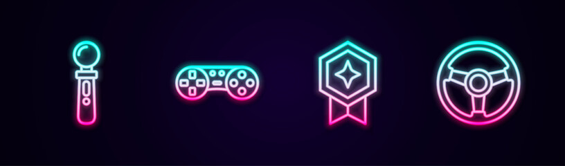 Set line VR controller game, Game or joystick, rating with medal and Racing simulator. Glowing neon icon. Vector