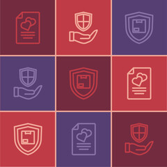 Set line Marriage contract, Delivery security with shield and Shield in hand icon. Vector
