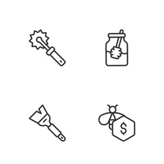 Set line Sale of bees, Beekeeping brush, Cutter roll for honey and Jar and dipper stick icon. Vector