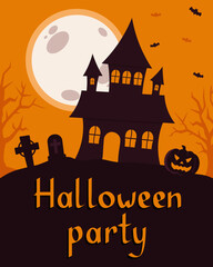 Halloween Party Invitation With Horror House On Orange Background Vector Illustration In Flat Style