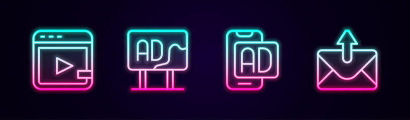 Set line Video advertising, Advertising, and Mail and e-mail. Glowing neon icon. Vector