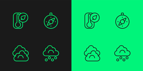 Set line Hail cloud, Cloud, Thermometer and Compass icon. Vector