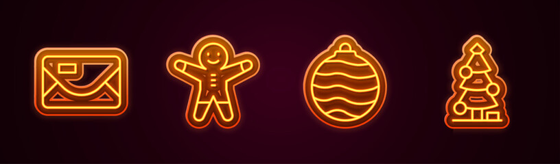 Set line Envelope, Holiday gingerbread man cookie, Christmas ball and tree. Glowing neon icon. Vector