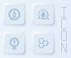 Set line Motor gas gauge, Oil drop with dollar symbol, and Molecule oil. White square button. Vector