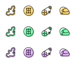 Set line Timing belt kit, Racing track, Gear shifter and helmet icon. Vector