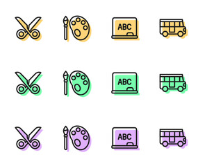 Fototapeta premium Set line Chalkboard, Scissors, Paint brush with palette and School Bus icon. Vector