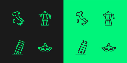 Set line Carnival mask, Leaning tower in Pisa, Map of Italy and Coffee maker moca pot icon. Vector