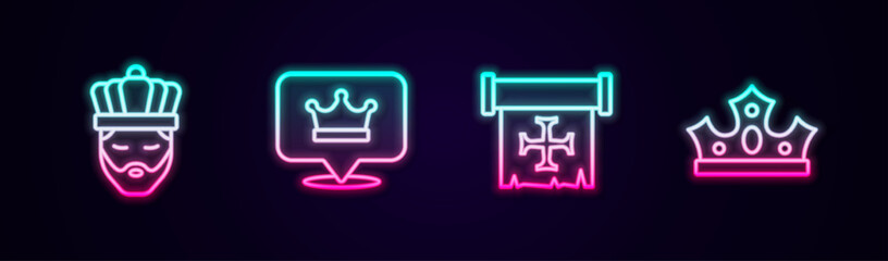 Set line King with crown, Crusade and . Glowing neon icon. Vector