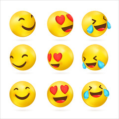 Collection of 3D face emoticons with smiling eyes and a wide smile, laughing to tears and with love in the eyes.
