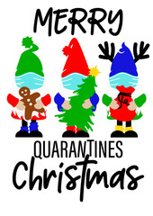 Fototapeta na wymiar Merry Christmas Quarantines quote. Three gnomes in face masks with cookies, a Christmas tree and a gift