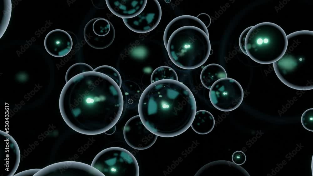 Poster 3d bubbles move in stream. design. large soap bubbles move in stream on black background. colored bu
