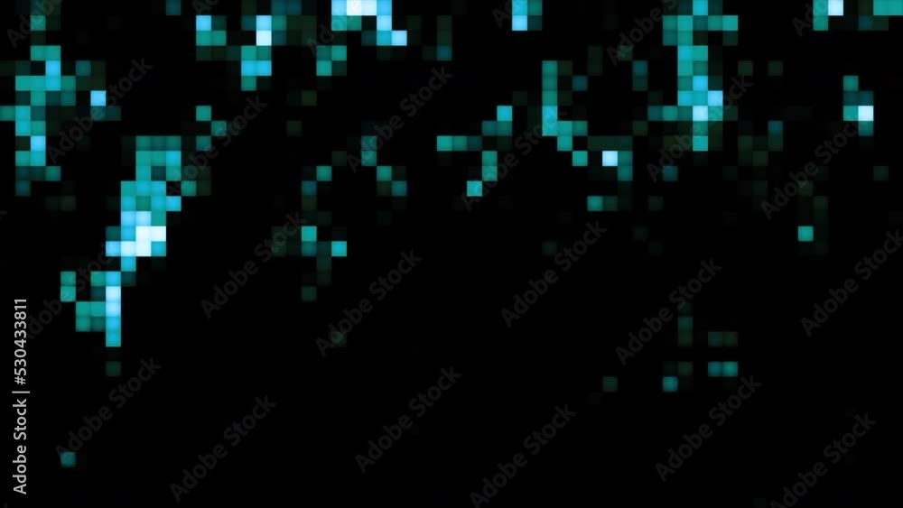 Poster pixelated pattern with blue shimmering squares slowly falling down. motion. retro game design on a m