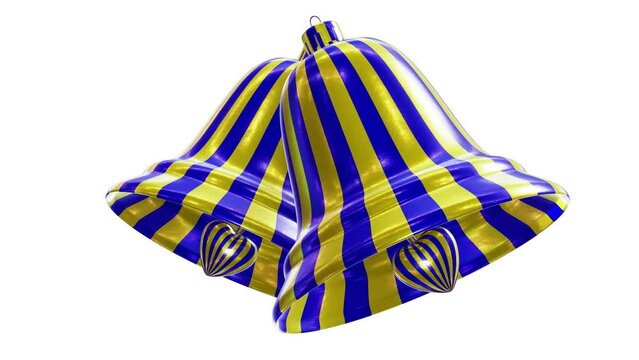 Realistic looping 3D animation of the beautiful striped blue and yellow Christmas Love swinging bells rendered in UHD with alpha matte
