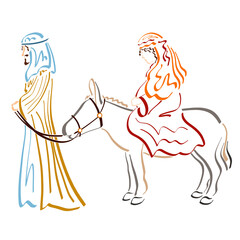 pregnant virgin Mary sitting on a donkey and Joseph travel to Bethlehem for the census