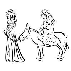 pregnant Virgin Mary sitting on a donkey and Joseph are traveling to Bethlehem for the census, black outline