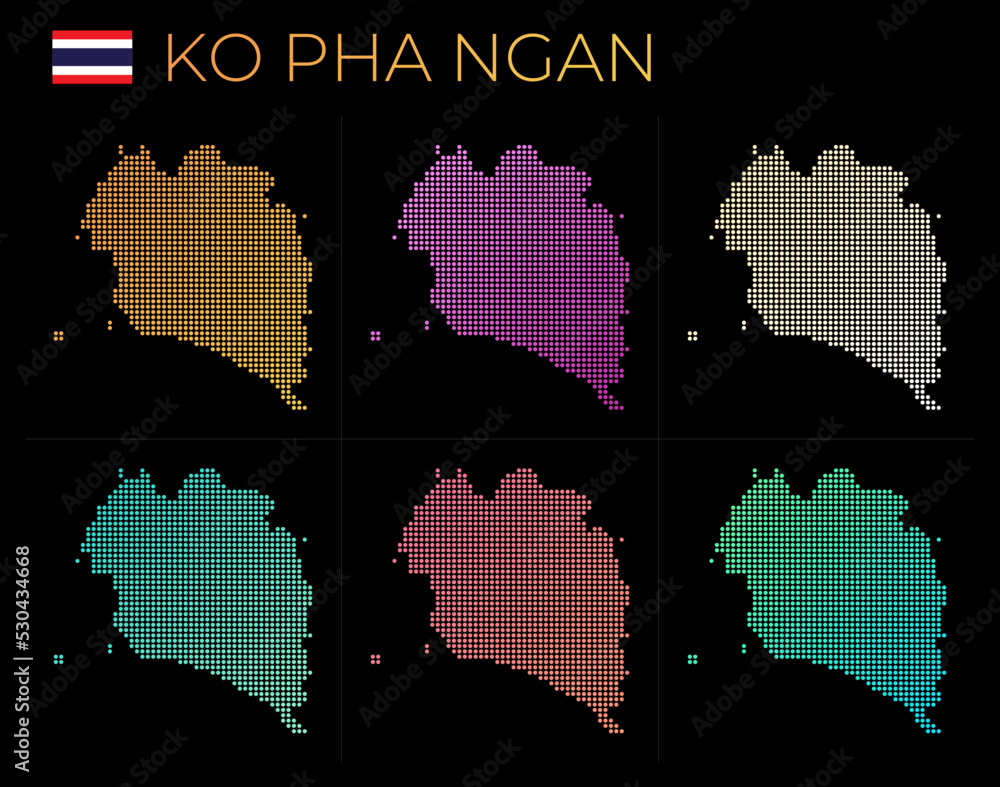 Poster ko pha ngan dotted map set. map of ko pha ngan in dotted style. borders of the island filled with be