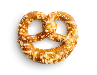 German bread pretzel with baked cheese isolated on white background.