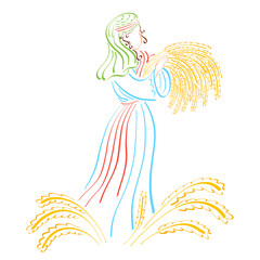 Biblical heroine Ruth with ears of wheat on the field, colorful sketch