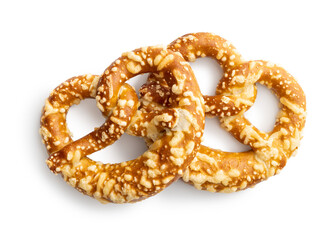 German bread pretzel with baked cheese isolated on white background.