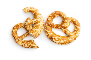 German bread pretzel with baked cheese isolated on white background.