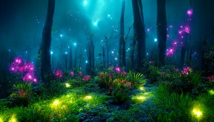 Colorful bioluminescence plants in forest, crystals and glowing path, fireflies, Pandora planet at night, blue and pink glow, epic landscape in background, hazy planet in the sky.