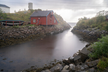 Red fishermen cabin in a fishing village of Lofoten islands, Norway