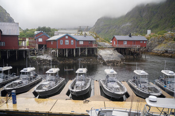 Red fishermen cabin in a fishing village of Lofoten islands, Norway