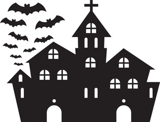 Halloween Castle, Silhouette of Horror House with Bats