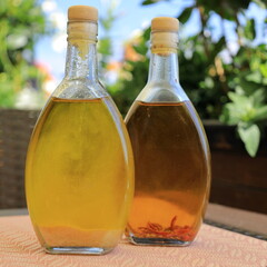 Olive oil bottles on the wooden table on the background of green plants 