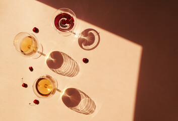 Party cocktails with fruit in the sunlight. Fresh juicy beverages in glasses with shadows making...