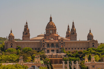 View over modern and old districts in historical downtown of Barcelona, Spain, a cityscape at summer sunset colors