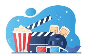 Fototapeta premium Set of movie. Tape with notes, clapperboard for counting takes and red blue 3D glasses. Popcorn and tickets, movie theater stuff. Poster or banner for website. Cartoon flat vector illustration
